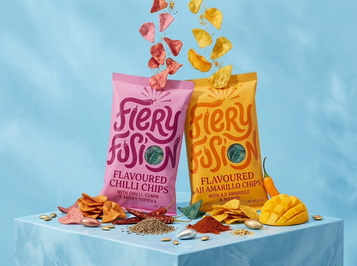 Chilli and Aji Amarillo chip bags styled with mango and chillies