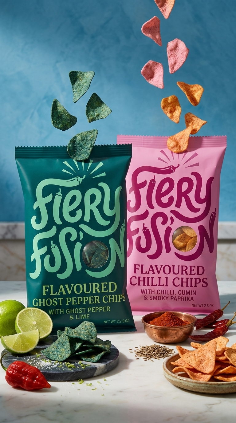 Ghost Pepper & Lime and Chilli chip bags styled with limes and spices