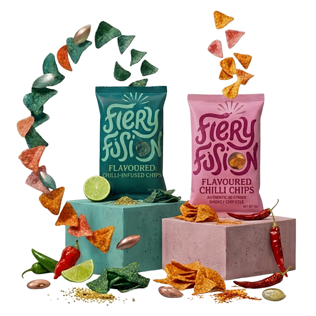 Fiery Fusion ghost pepper and chilli chips on display