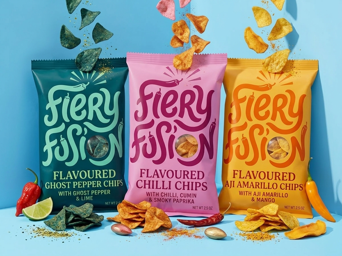 Fiery Fusion Ghost Pepper, Chilli and Aji Amarillo chip bags with chips mid-air